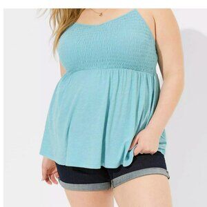 Torrid Cotton Modal Slub V-Neck Smocked Babydoll Tank Still Water Size 3